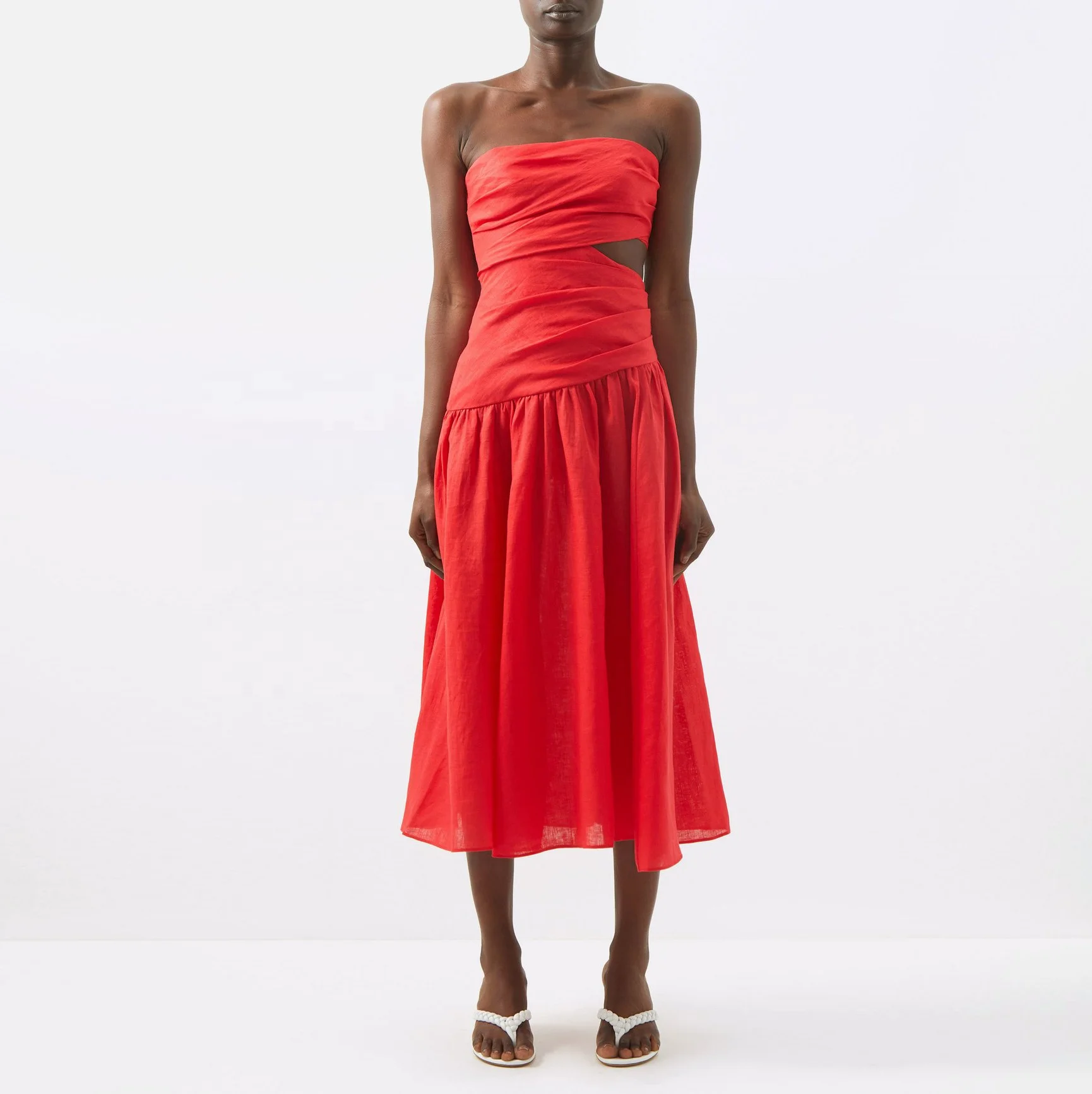 New Design XXS-XXL  Side Slit for Party Dated Removable Strap Cutout Dresses Gathered Linen-voile Strapless Midi Dress