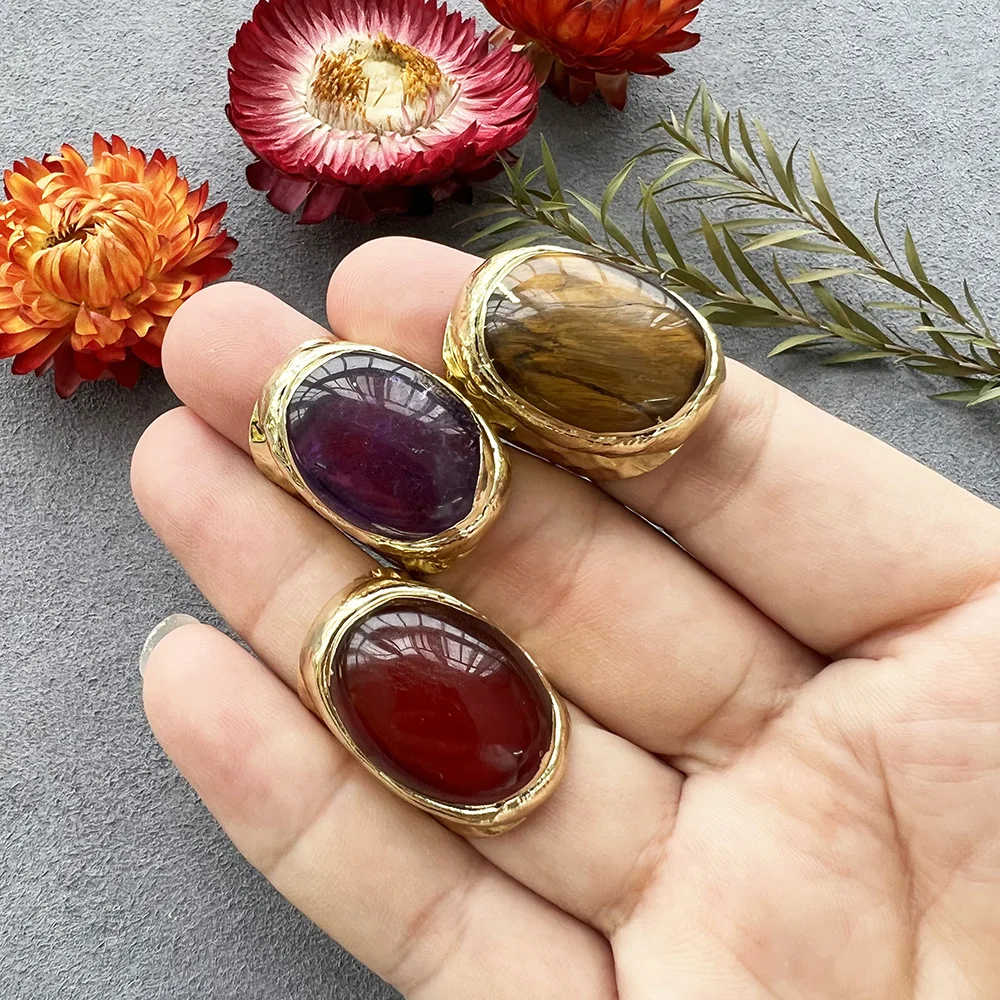 Unisex Jewelry Green Chalcedony Fashion Ring Red Agate Natural Amethyst Tigers Eye Gold Plated Wholesale Band Rings Adjustable