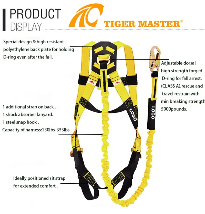 ANSI Z359.11 certified polyester webbing fall protection full body safety harness with energy shock absorber lanyard