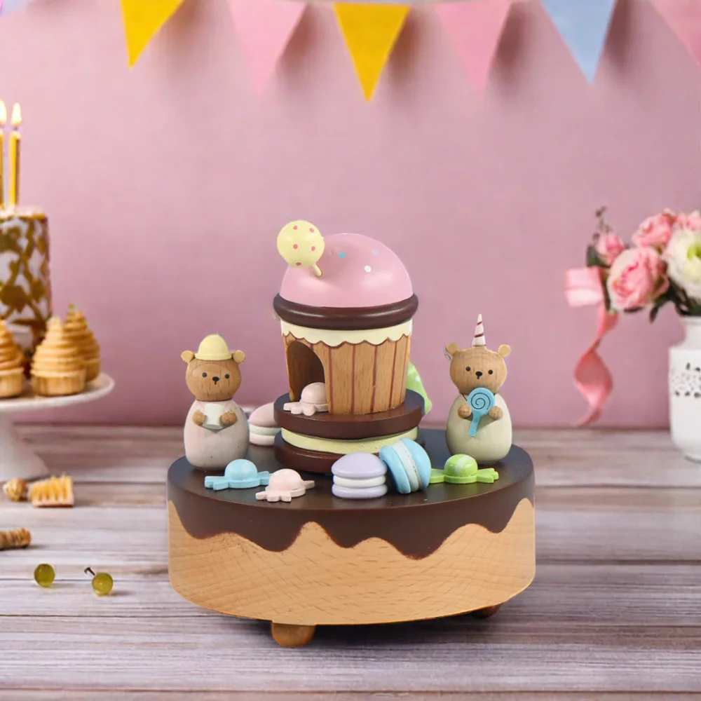 Low MOQ Customized Logo Melody Design Big Cake Dessert Shape Carousel Wind Up Wooden Musical Boxes for Home Decor