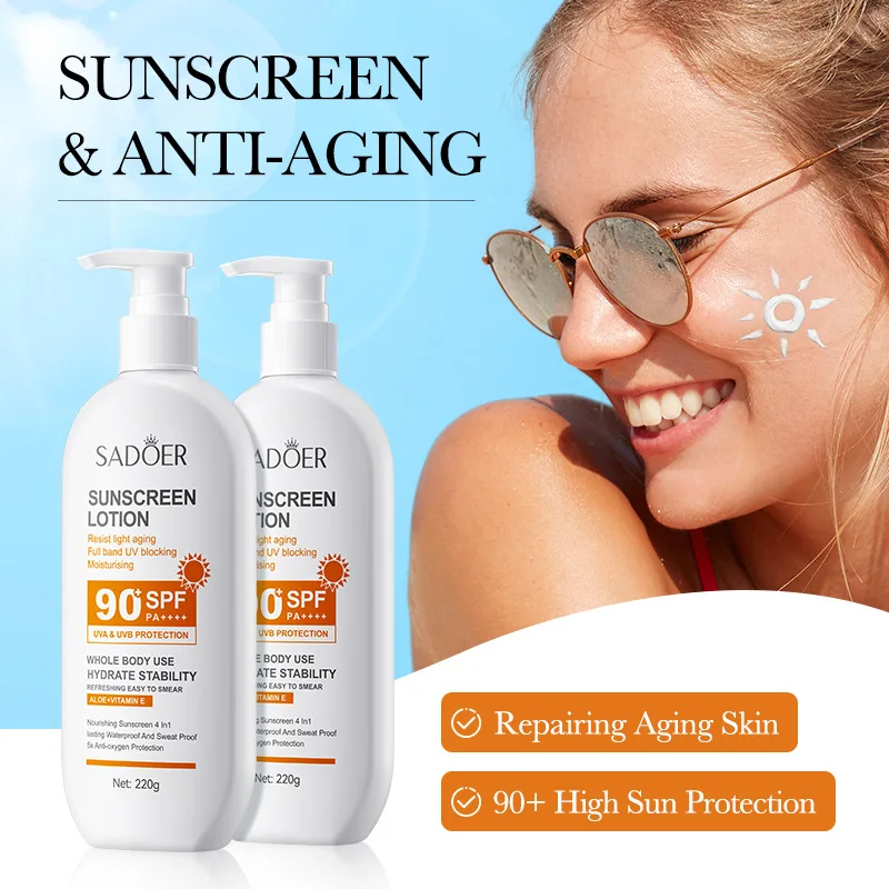 Custom Logo Sadoer Uvb Uva Protection Moisturizing Sunscreen Lotion Spf 90+ Waterproof Whole Body Sunblock Lotion