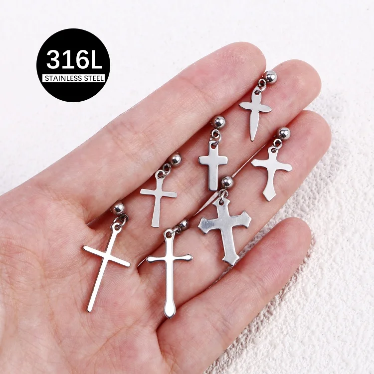 Personalized Gold Plated Silver Gothic Stud Earring Stainless Steel Cross Earrings For Men