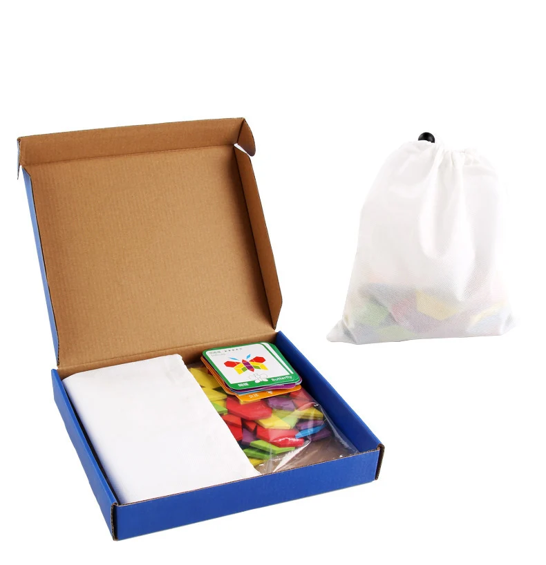 155Pcs Set Wooden Pattern Blocks Geometric Shape Jigsaw Puzzle Baby Educational Montessori Tangram Toys for Kids with 24Pcs Card