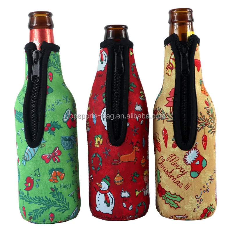 Full Sublimation Zipper Closure Neoprene Beer Bottle Holder Christmas Beer Bottle Insulator Sleeve