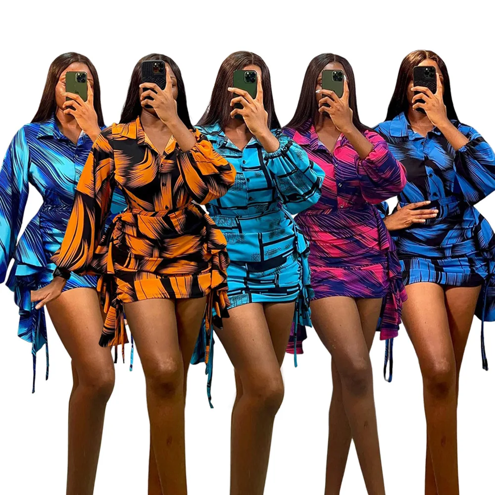 2023 Luxury Print Two Piece Dress Set Elegant Women Female Holiday Sleeve Lace Up Shirt Crop Top Ruffle Mini Skirt Suit