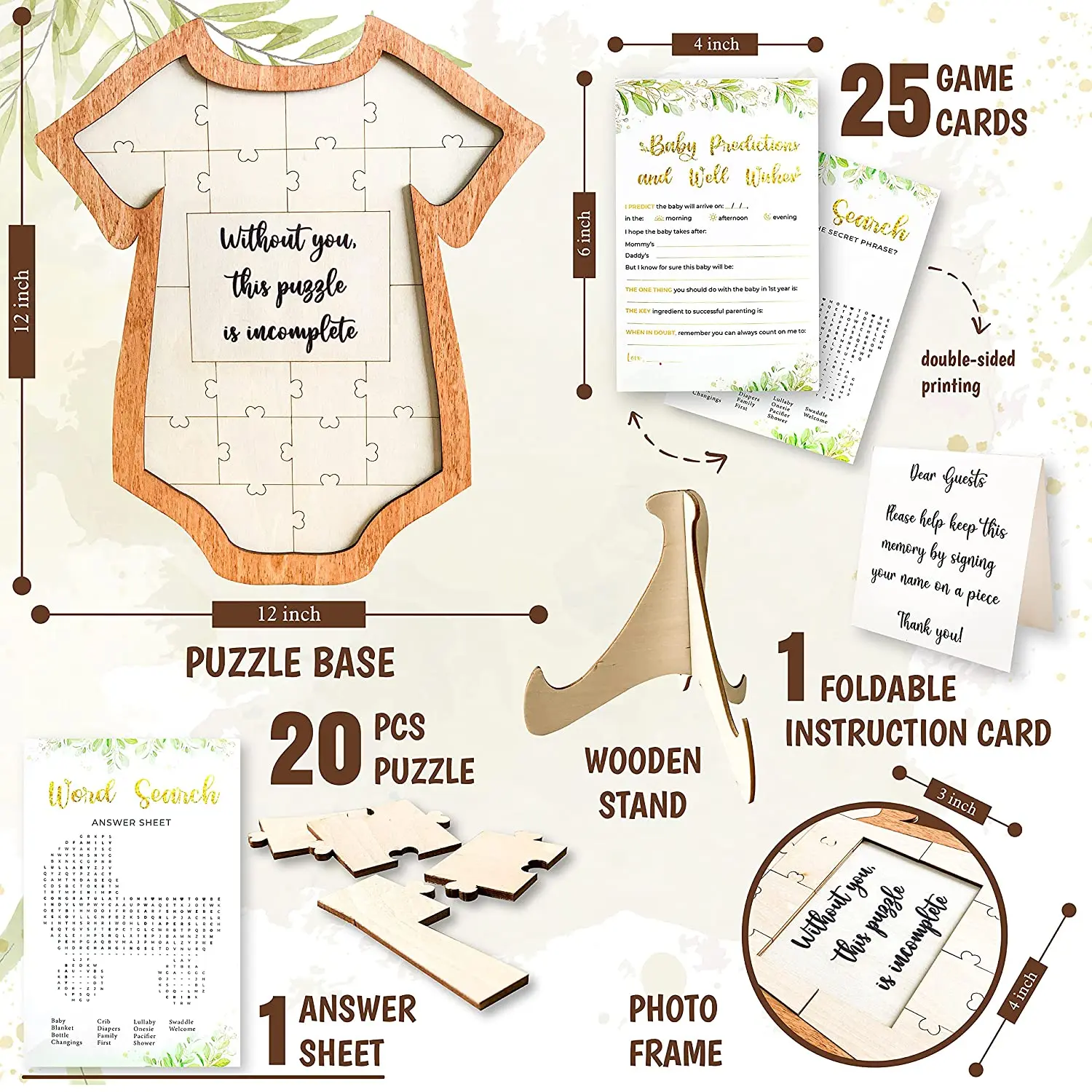 Wooden  Baby Shower Guest Book Alternatives Onesie Frame & 25 Prediction Game Cards