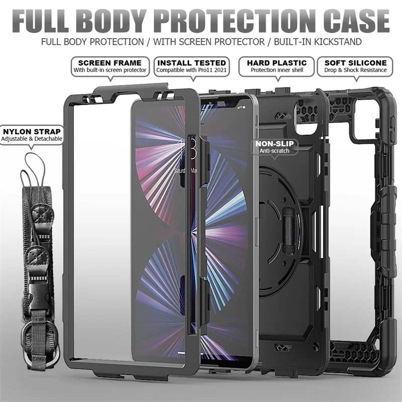 360 Rotation Hand Strap Kickstand rugged silicone case for tablet For iPad Pro 11 2021 2020 2018