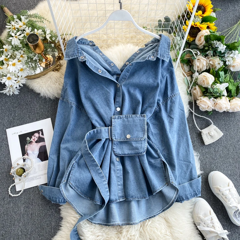 2022 Hot Sale Women Lapel Long Sleeve Denim Blouse Dress Fashion Cozy Denim Shirt Cotton Blouse Tops Fashion Denim Jacket