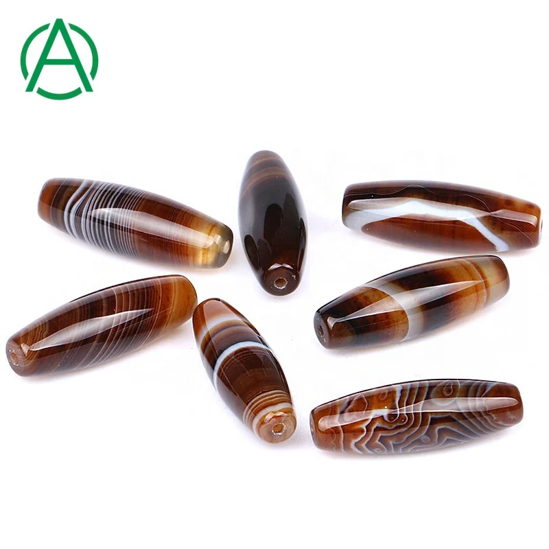 Arthurgem Brown Banded Agate Barrel Rice Focal Loose Beads Tibetan Dzi Agate Beads Striped Agate Stone Beads Natural 150 Pieces