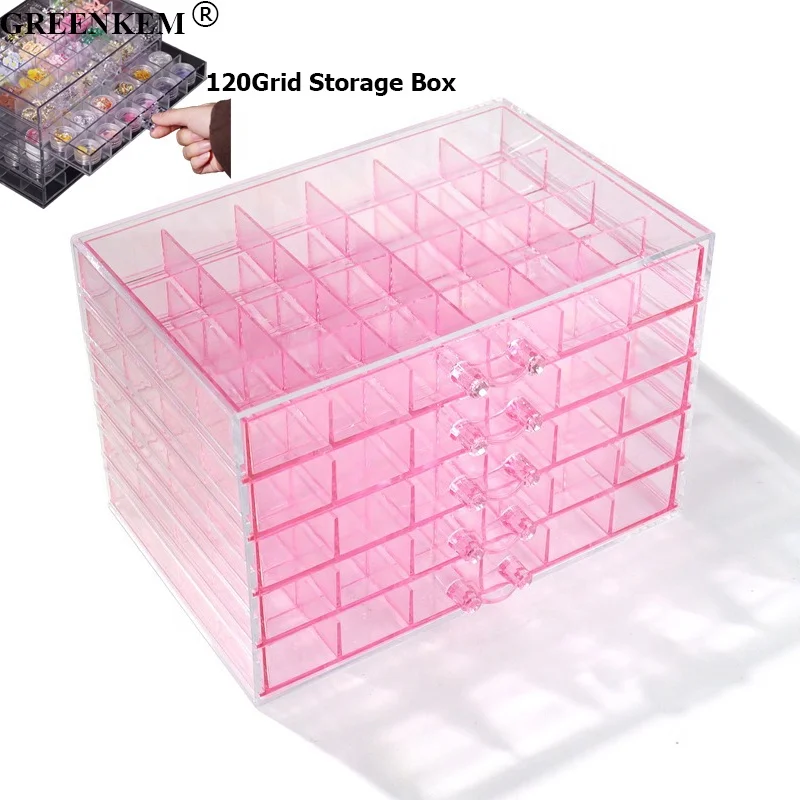 5 Layer 120 Grids Nail Accessories Storage Box Drawer Style Acrylic Clear Pink Detachable Desktop Nail Charms Storage Box