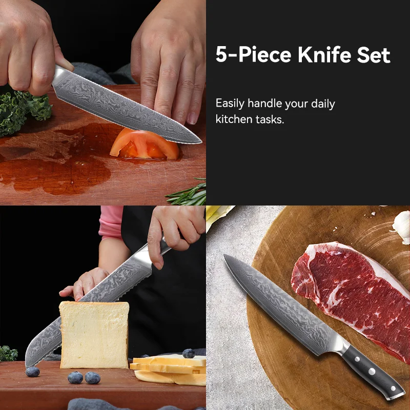 Set Cuchillos Cocina Profesional Chef Damaskus Messer Set 5 Pce Forged Damascus Steel Kitchen Knife Set With G10 Handle