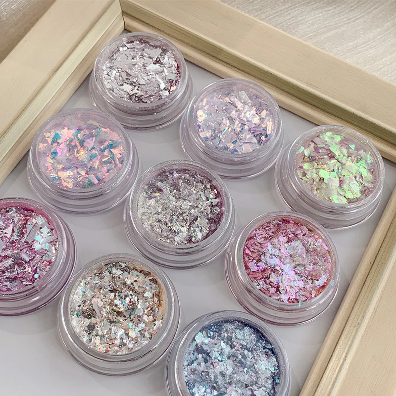 Iridescent Glitter Chameleon Nail Flakes Set Chrome Nail Powder Mirror Mermaid Effect Set 9 Jars