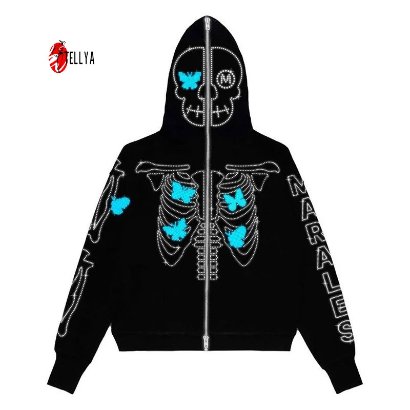 OEM ODM Halloween Hiphop Streetwear Men Rhinestone Custom Hoodies Full Face Zip Unisex Hoodies