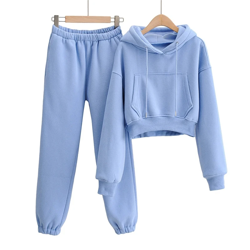 
Loose brushed fleece hooded sweater + tie-leg casual harem pants sports suit women cotton sportswear 