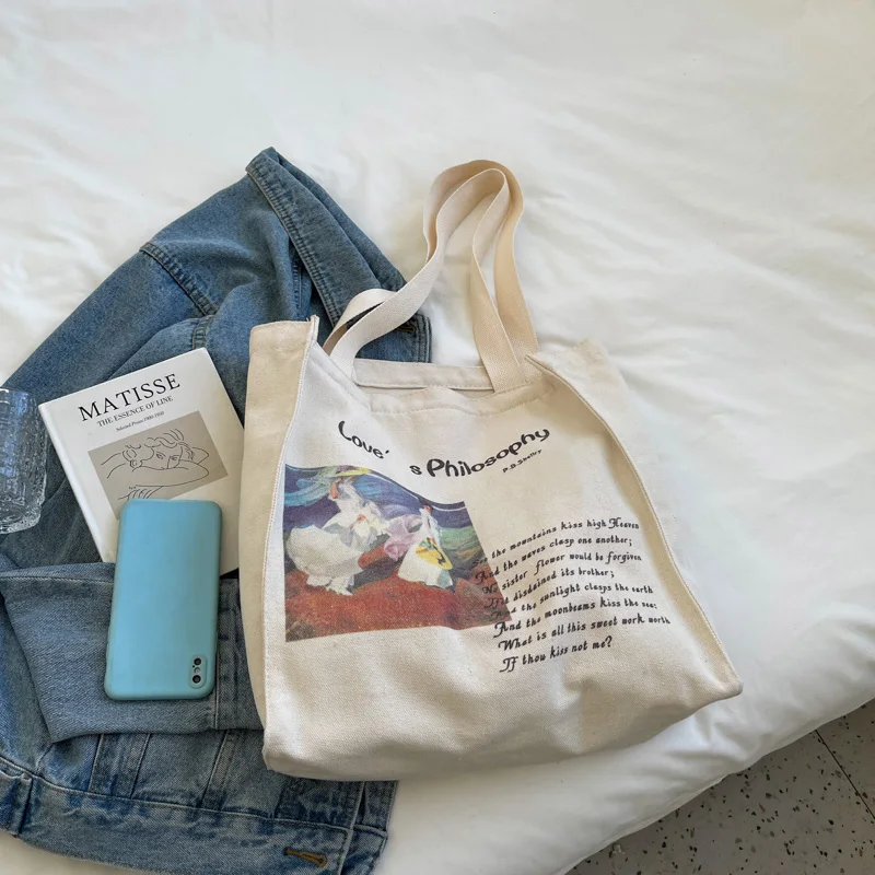 High Quality New Style Custom Printed large Canvas Shopping Bags Women Hand Bag Reusable Canvas Shopping Bag