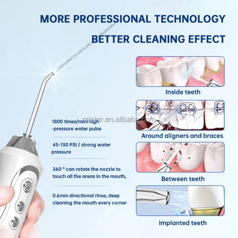 Portable and Rechargeable 300ml Water Tank IPX7 Water Proof Cordless Water Flosser Teeth Cleaner for Home and Travel