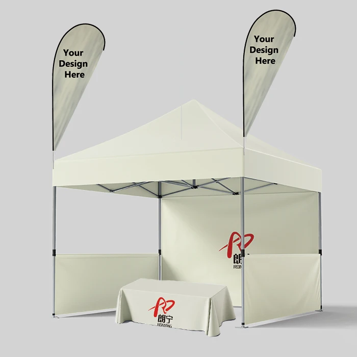 China Factory Loq MOQ High Quality Custom Tent with Feather Flags and Table Cover Tenda Para Eventos With Iron Or Aluminum Frame