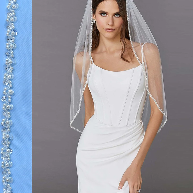 Women Heavy-Duty Bridal Veils Beaded Trailing Cathedral Wedding Veil