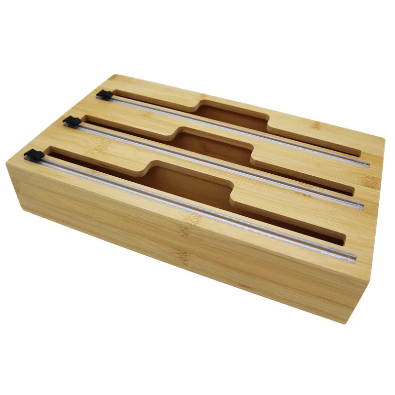 bamboo wood plastic wrap dispenser organizer with slider cutter