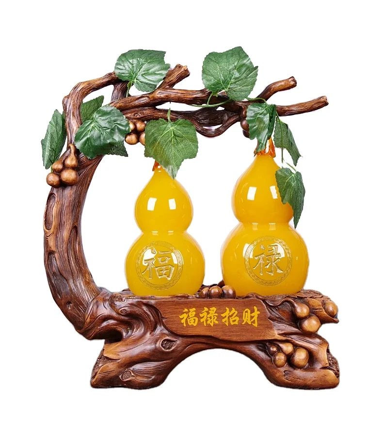 Chinese Traditional Fengshui Poly Resin Home Decoration Sculpture  Amber Jade Finish Wulu gourd Sculpture