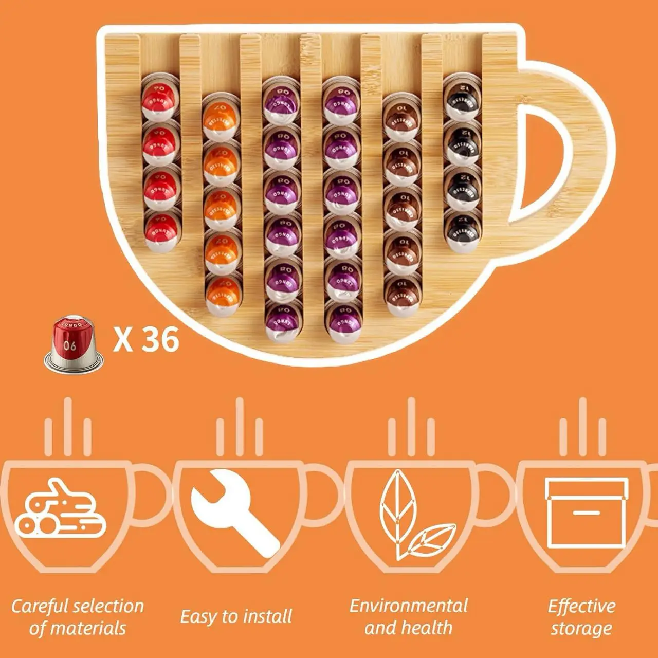 Wall Mounted Bamboo Coffee Pod Holder Organizer Wooden Storage Organizer Wall Mounted Coffee Capsules Holder for Kitchen Counter