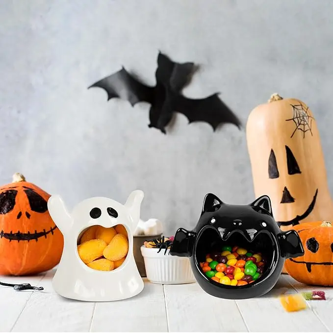 2024 Ceramic Bat Ghost Shaped Halloween Candy Bowls Halloween Candy Dish Holder Candle Holder for Halloween Dead Decor