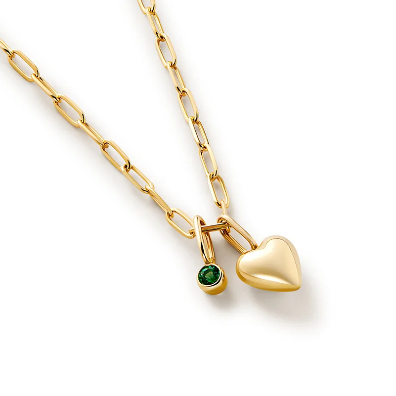 LOZRUNVE 925 Sterling Silver Fashion Bezel Emerald Zircon Heart Charm Paperclip Chain Necklace Women