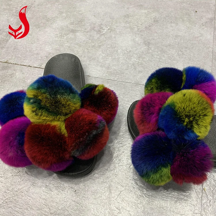 
New trendy mixed color 6 balls fur flat slipper sandals fox fur pom pom slides for women and baby 