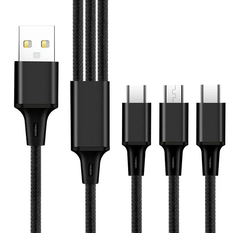  Бесплатный образец нейлоновый зарядный провод 2.4A мобильный Micro USB кабель 3 в 1 для iphone