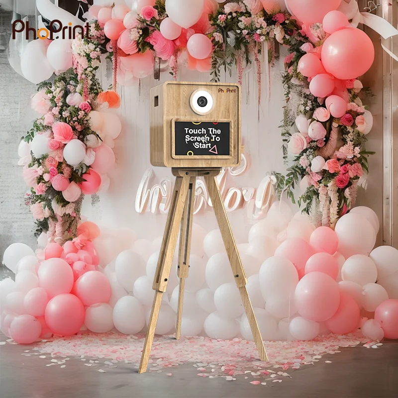2024 Latest Wooden Selfie Photo Booth Machine With Built-in Flash Ring And Camera