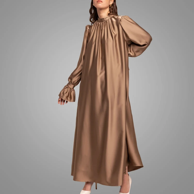 OEM New Fashion Satin Abaya Elegant Shinny Long Sleeve Islamic Clothing Modest Hotsale Turkish Kaftan Dress Online