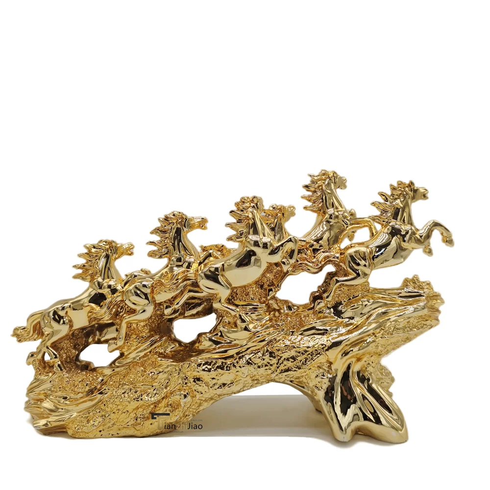 Gold Plated Resin Art Eight Steeds Sculpture Statue Home Office Decoration Craft Custom Horse