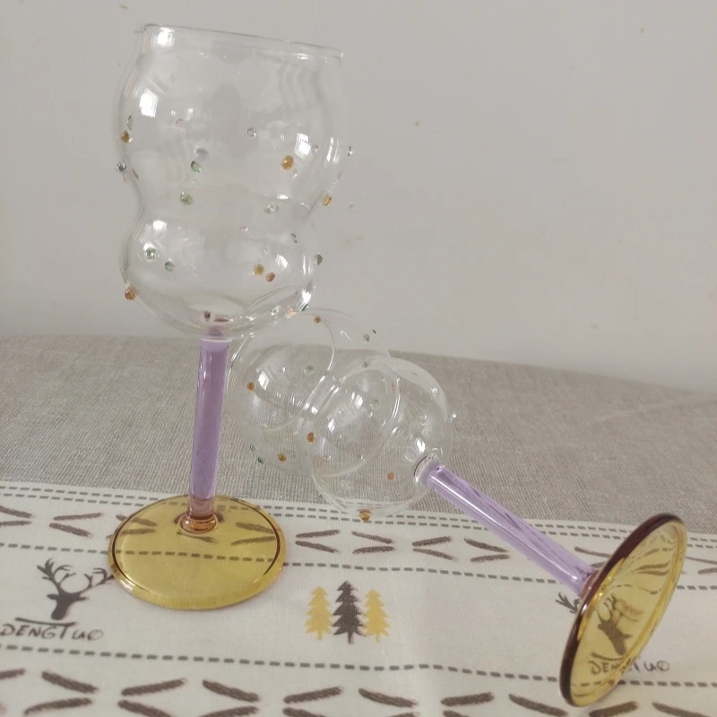 New Design Star Round Colorful Dot Wine Glasses Thin Purple Stem Drinking Glassware Red Wine Goblet with Yellow Base Party