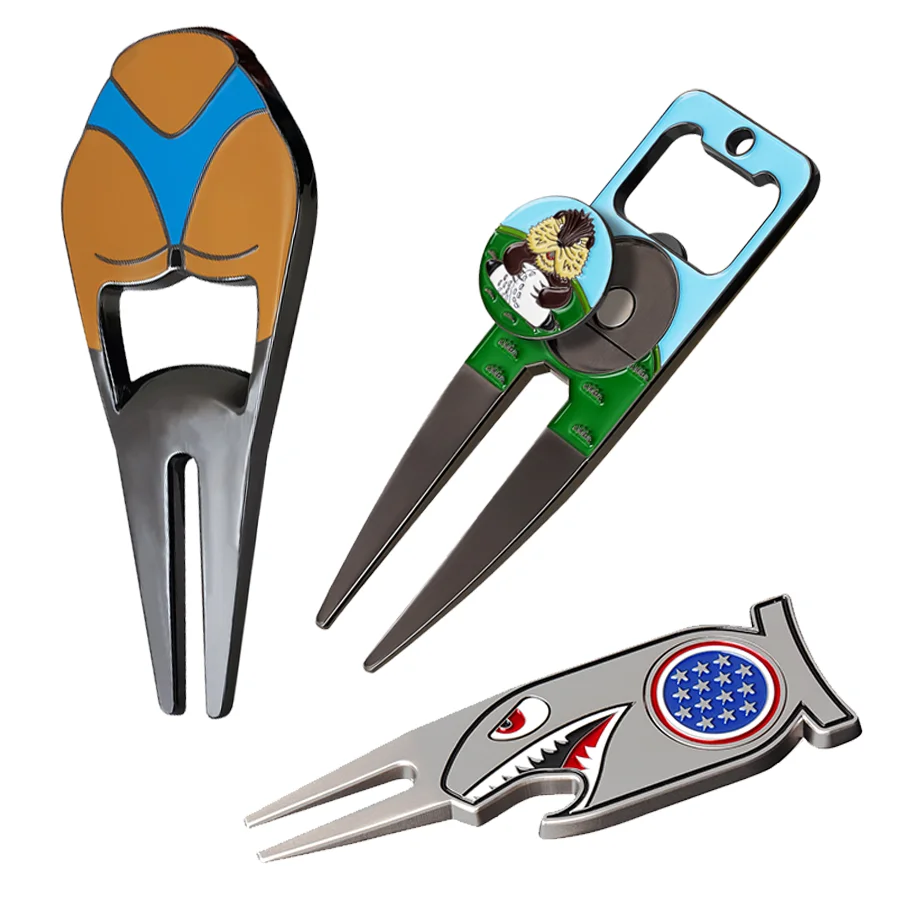 Custom Zinc Alloy Iron Metal Golf Accessories Multifunctional Divot Repair Tool Ball Marker Golf Cigar Holder Fork Bottle Opener
