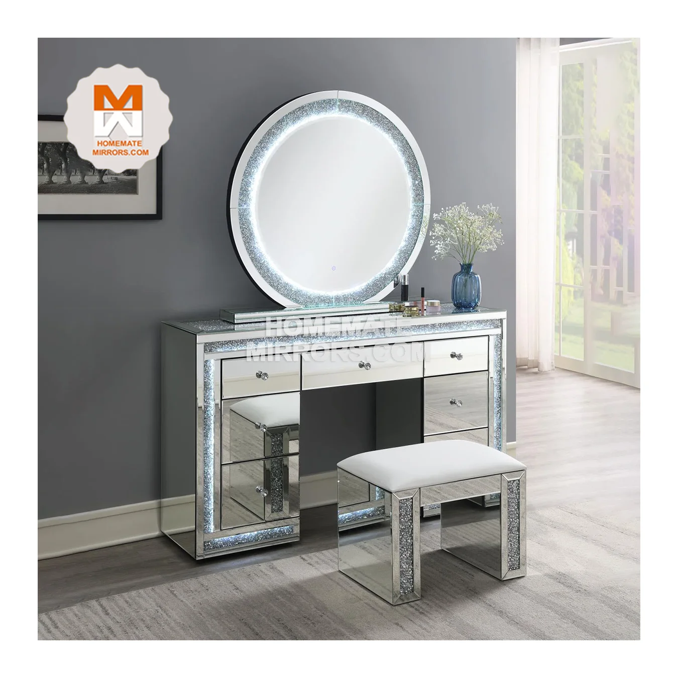 Hot Sell Modern mirrored dressing table with round  hollywood mirror