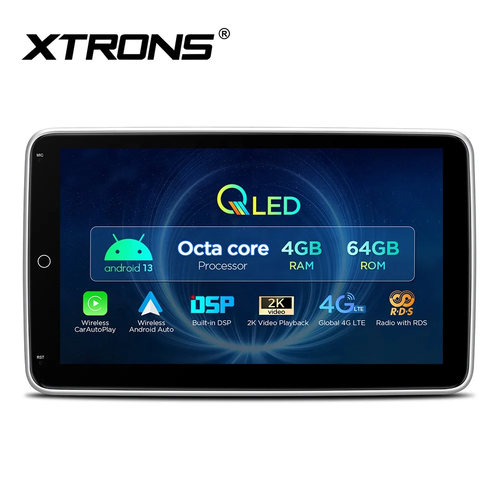 XTRONS 10.1 Inch Android 13 4+64GB Autoradio 1Din Rotatable Carplay Screen Android Auto 4G LTE 2K Video Car Multimedia Player