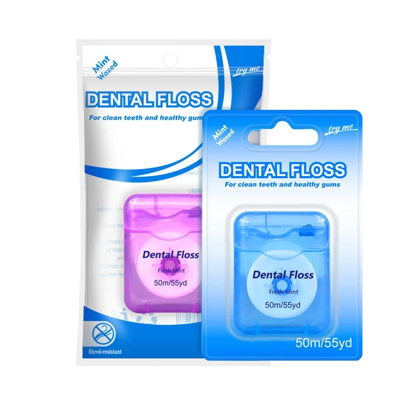 Wholesale Stock Teeth Floss High Strength Curly Orthodontic Dental Floss 50m Boxed Eco-Friendly Plastic Line Wax Mint Flavor