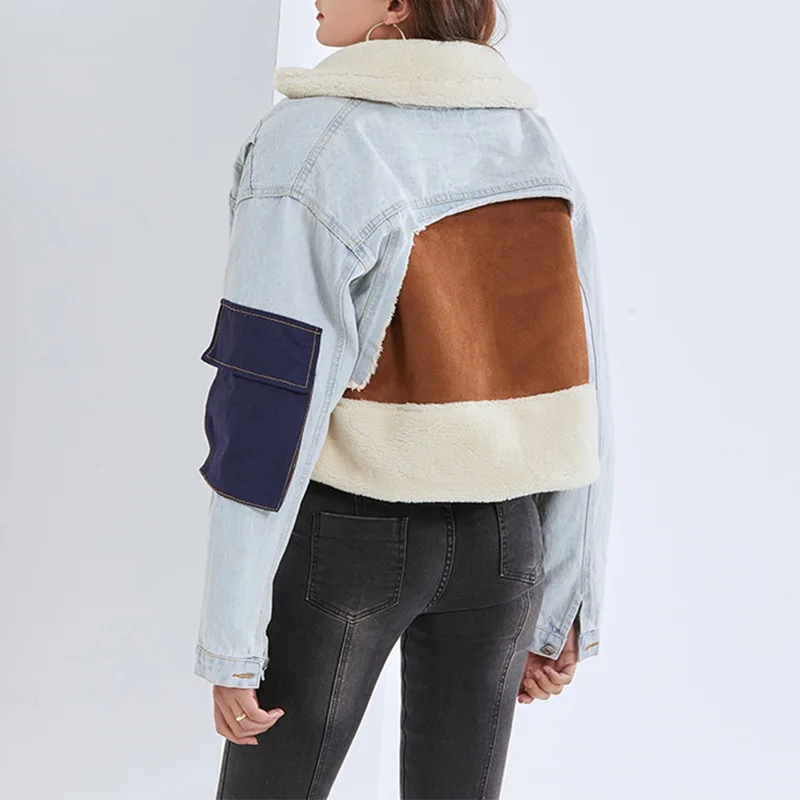 Women Short Denim Jeans Faux Shearling Fur Lined Parkas Lamb Fur Suede Collar Denim Winter Jacket Coat Lady