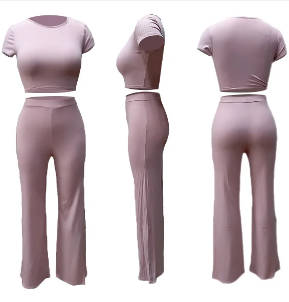 
Short Sleeve Two Pieces Set Round Neck Tops High Waist Wide Legs Long Pants women jumpsuits and rompers 