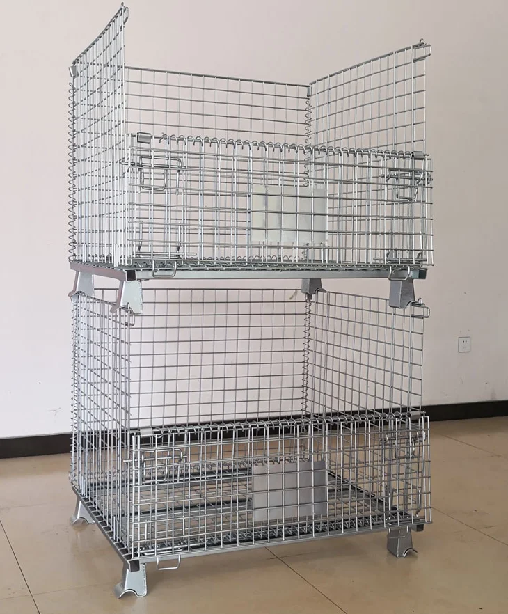 Folding square steel pallet stackable wire mesh box, storage mesh cage