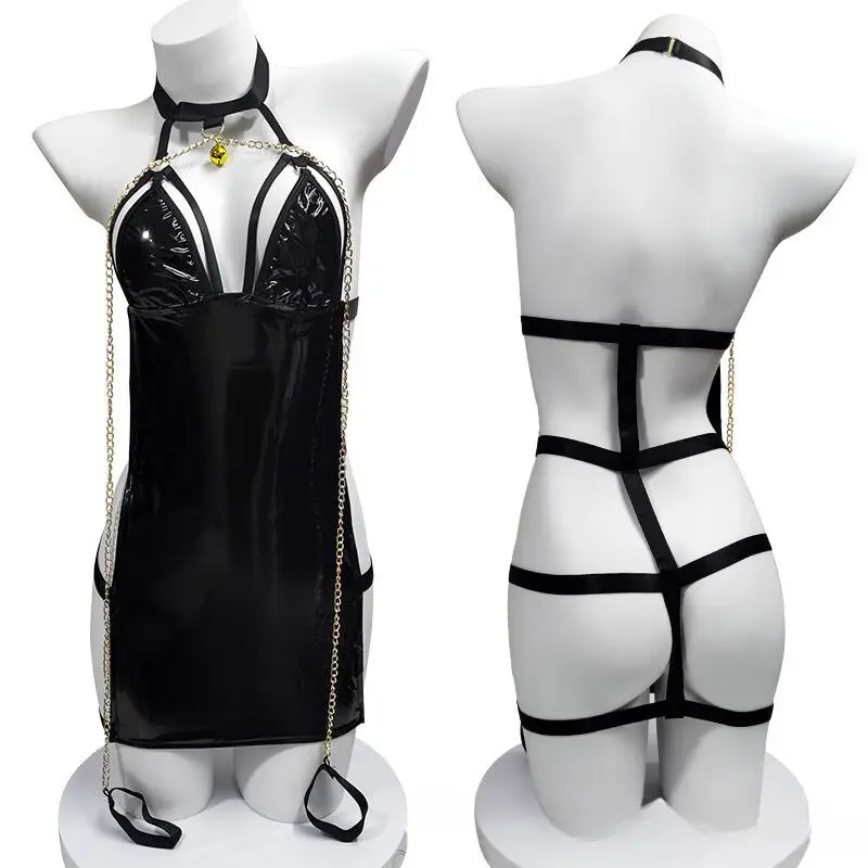 Han Kai 1634 Women Black Chain Backless Bodysuit Set Sexy Hot Mature Underwear PU Leather Medium Seductive Lingerie Homeware