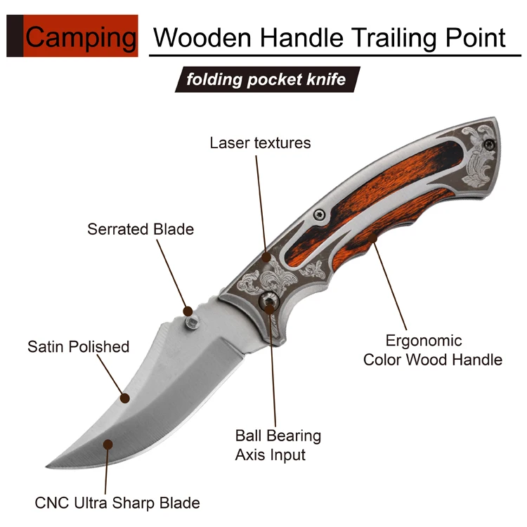 Free Sample Satin Polished Clip Point Hunting Color Wood Handle Folding Knife CNC Blade Skinning Knife Outdoor Camping Survival