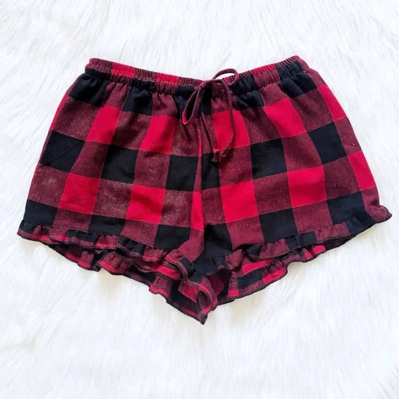 Christmas Sleepwear Womens Plaid Ruffle Hem Elastic Waistband Pajama Sleep Shorts Buffalo Plaid Ruffle Trim Pajama PJ Shorts