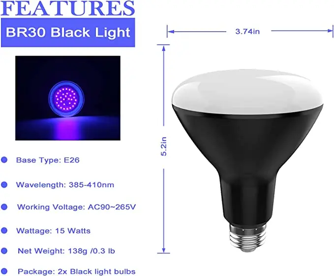 UV Black Light Bulbs 15W(100w Equivalent) BR30 E26 Medium Base UVA Level 385-410nm Glow-in-The-Dark UV Blacklight for Paints