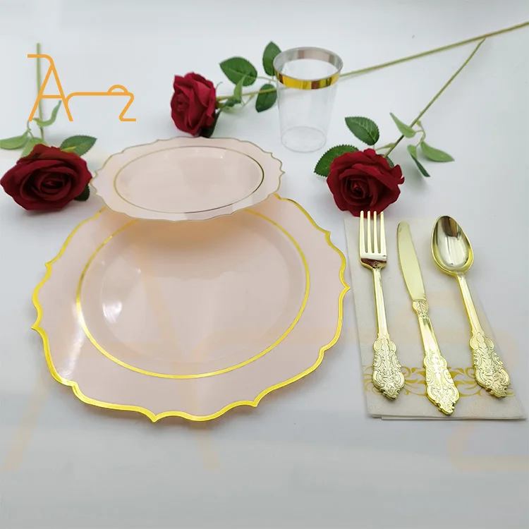 Wholesale pink plastic dinner charger plates dinnerware sets with napkin spoon fork knife cup party supplies disposable plates
