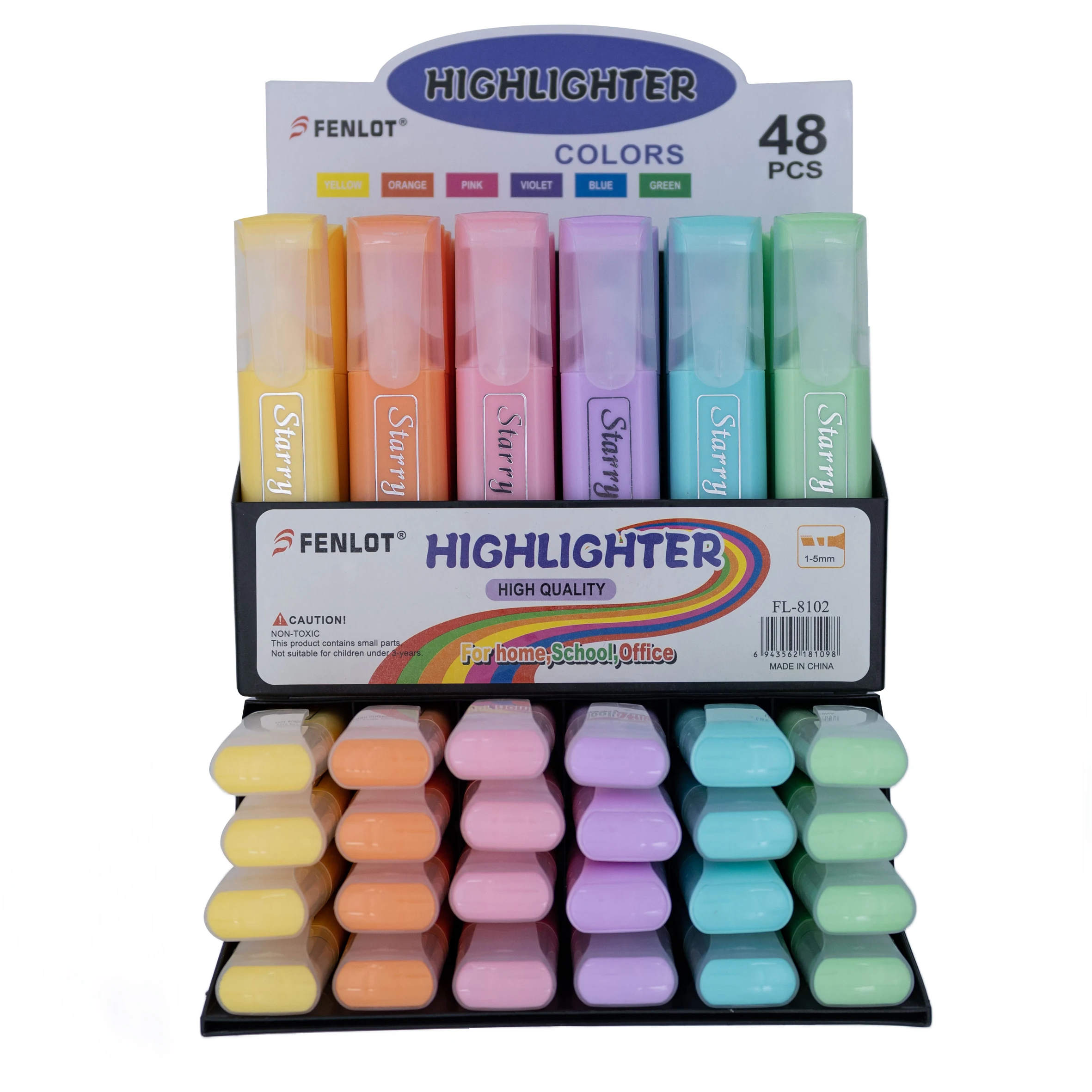 OEM/ODM acceptable supplier pastel color pen normal size highlighter marker 48pcs display stand with transparent clip