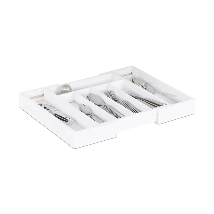 Kitchen Drawer Storage Adjustable Bamboo Cutlery Tray for Utensil organizer white color