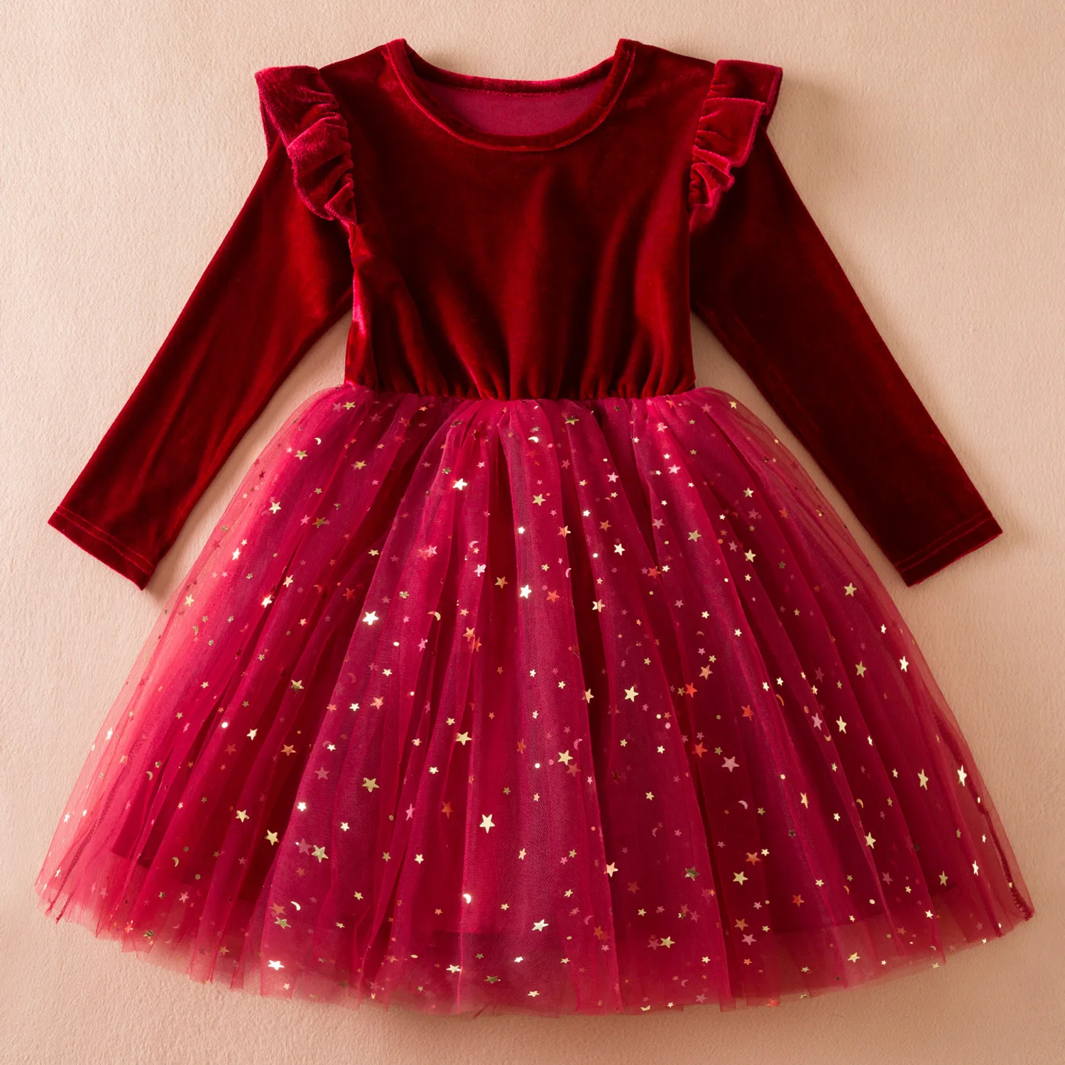 High quality autumn winter kids girls sequin dresses flutter velvet long sleeve glitter Christmas ruffle tulle princess dress