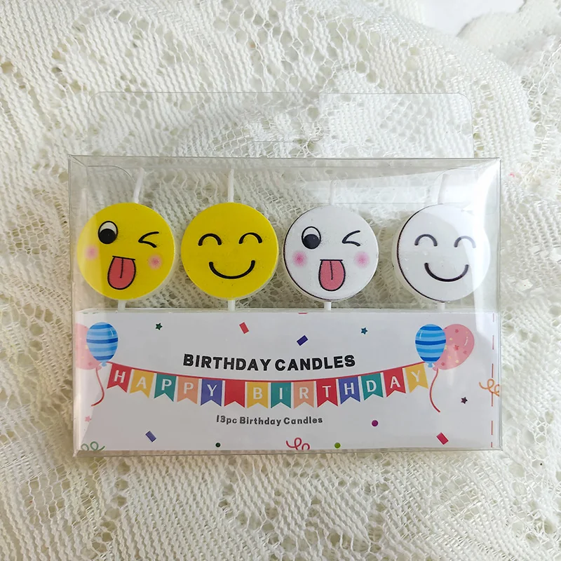 4 baked cartoon cake candles White Yellow cute smiley face candles party birthday cake decoration plug-in