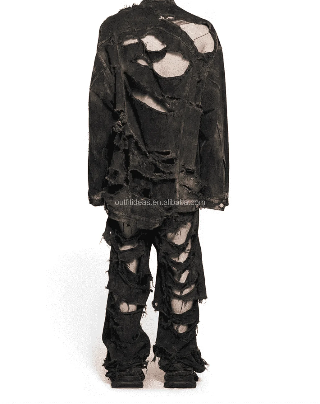 Exaggerated New Luxury Distressed Oversized Super Destroyed Denim Black Layered Baggy Blue Jackets Wide-leg Ripped Jeans For Men